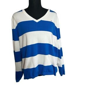 Tommy Hilfiger Women's  Blue And White Striped Preppy V Neck Sweater XXL XL